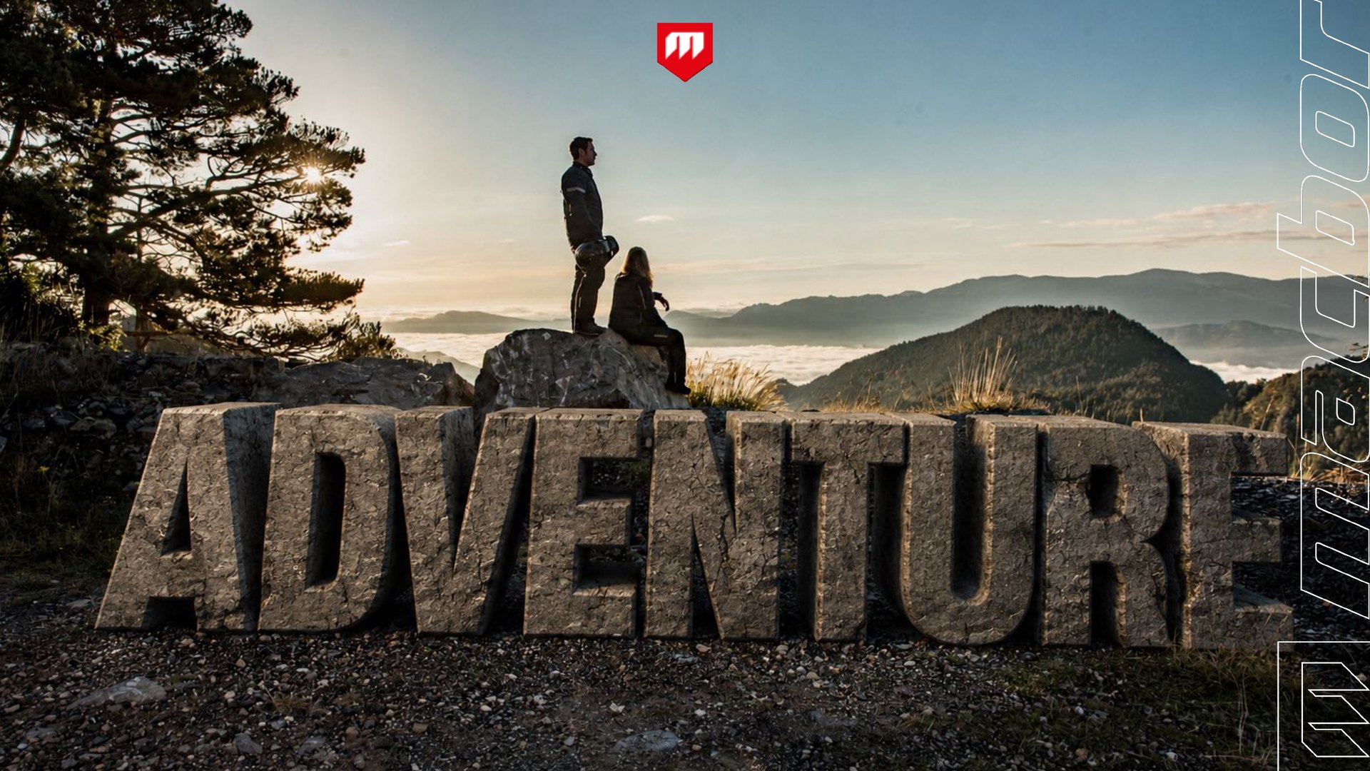 Slide from the Macbor keynote: the Adventure family, in stone letters on a lookout point