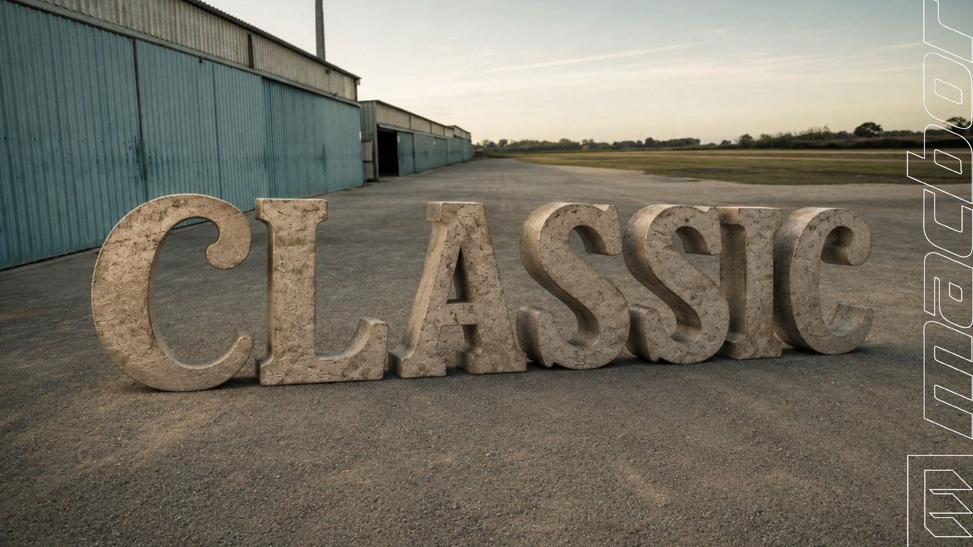 Slide from the Macbor keynote: the Classic family, in stone letters in front of a hangar