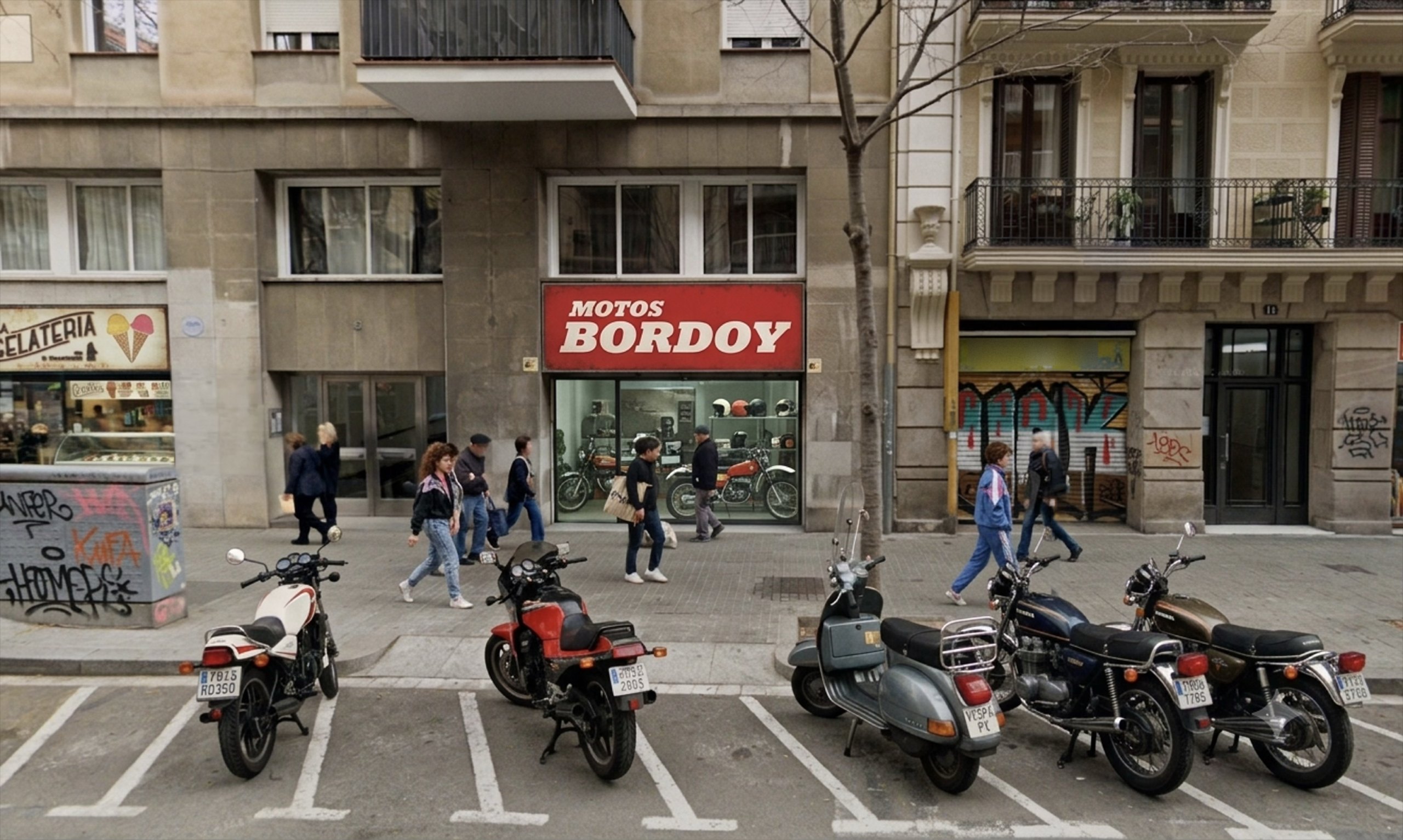 Recreation: the Motos Bordoy shop on a Barcelona street, with classic motorcycles parked outside
