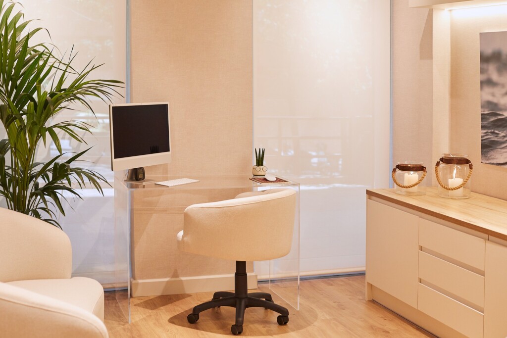 An office with a glass desk, an armchair and a palm by the window