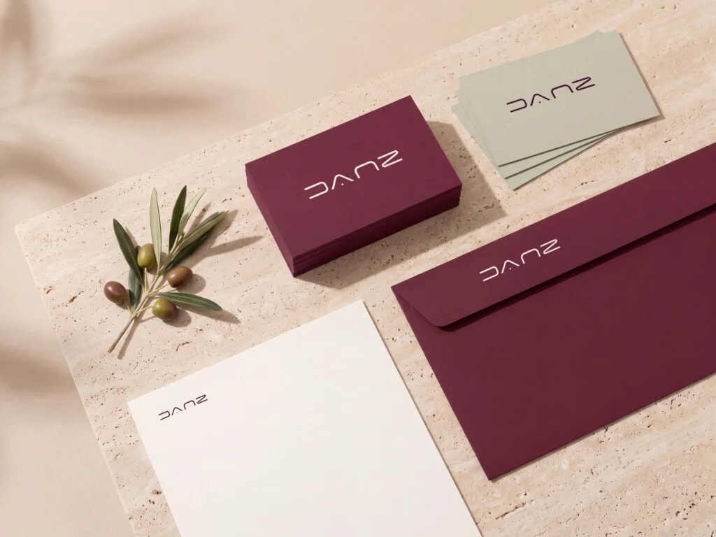 Recreación: papelería de DANZ Barcelona sobre travertino: tarjetas burdeos y piedra, sobre burdeos y hoja de carta