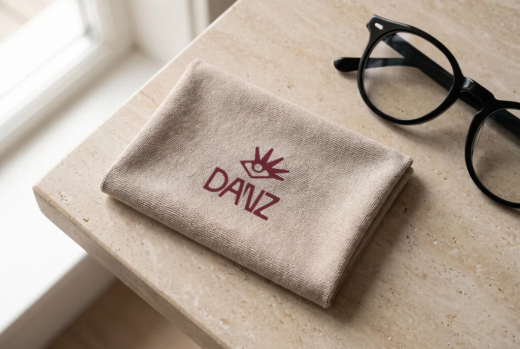 Recreación: gamuza de gafas con el logotipo de la línea «La mirada» de DANZ, un ojo con ornamento armenio, estampado en burdeos