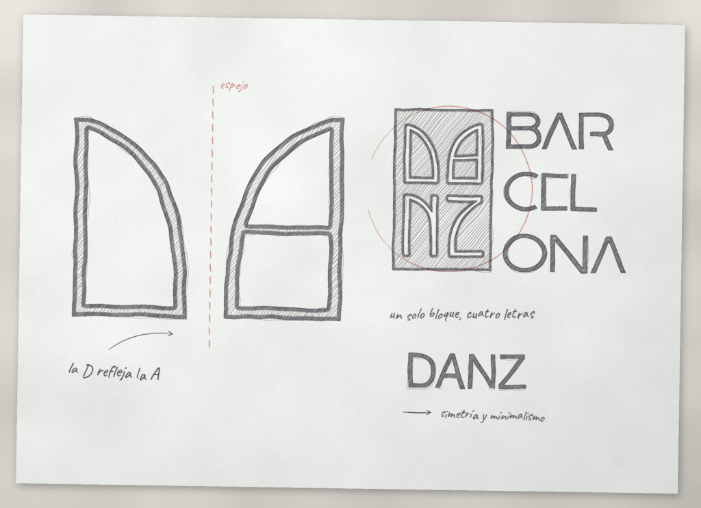 Recreación: boceto a rotulador sobre papel vegetal de la línea «Simetría» de DANZ: la D como reflejo de la A y las cuatro letras en un solo bloque