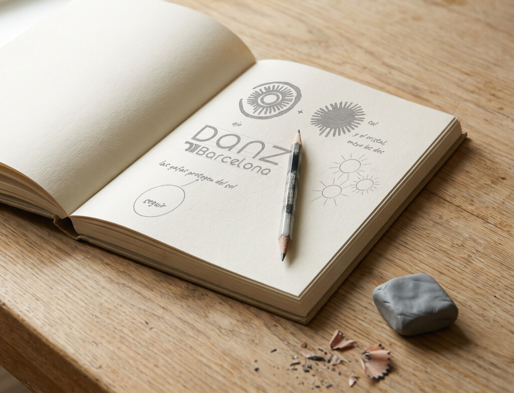 Recreación: cuaderno de bocetos con la línea «El sol» de DANZ dibujada a lápiz: el ojo, el sol y el cristal entre los dos, y el logotipo