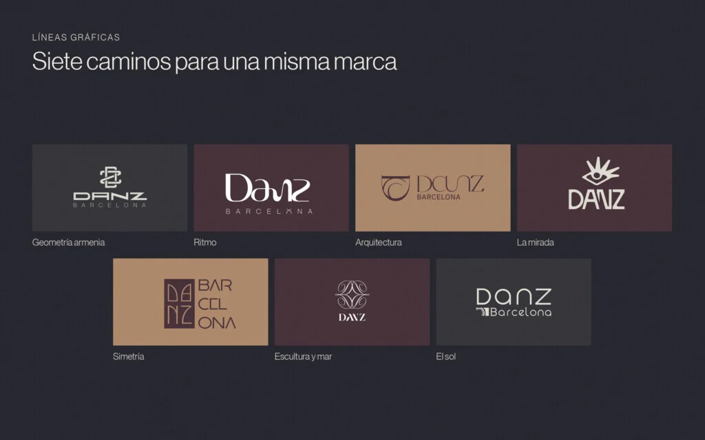 Las siete líneas gráficas exploradas para DANZ Barcelona, con sus logotipos sobre la paleta de la marca