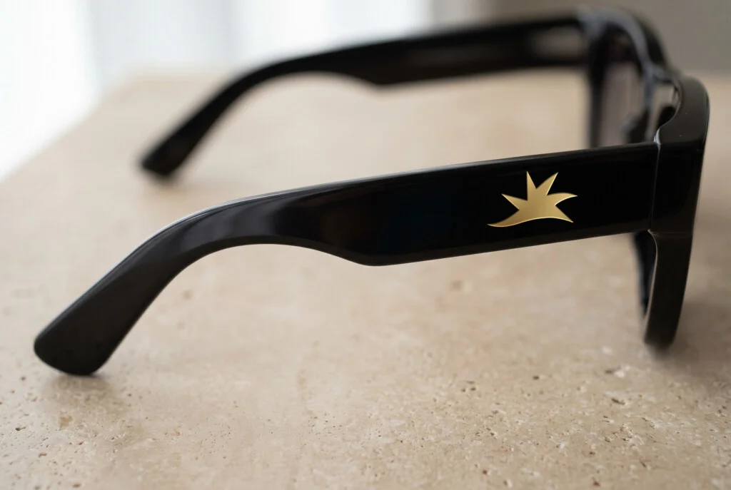 Recreación: varilla de unas gafas de sol de acetato negro con el símbolo «La estrella que te acompaña» de DANZ como pieza de metal dorado
