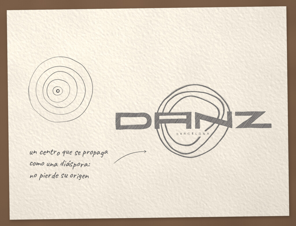 Recreación: boceto a tinta sobre papel de acuarela del sol «Ondas solares» de DANZ: un centro y ondas que se propagan