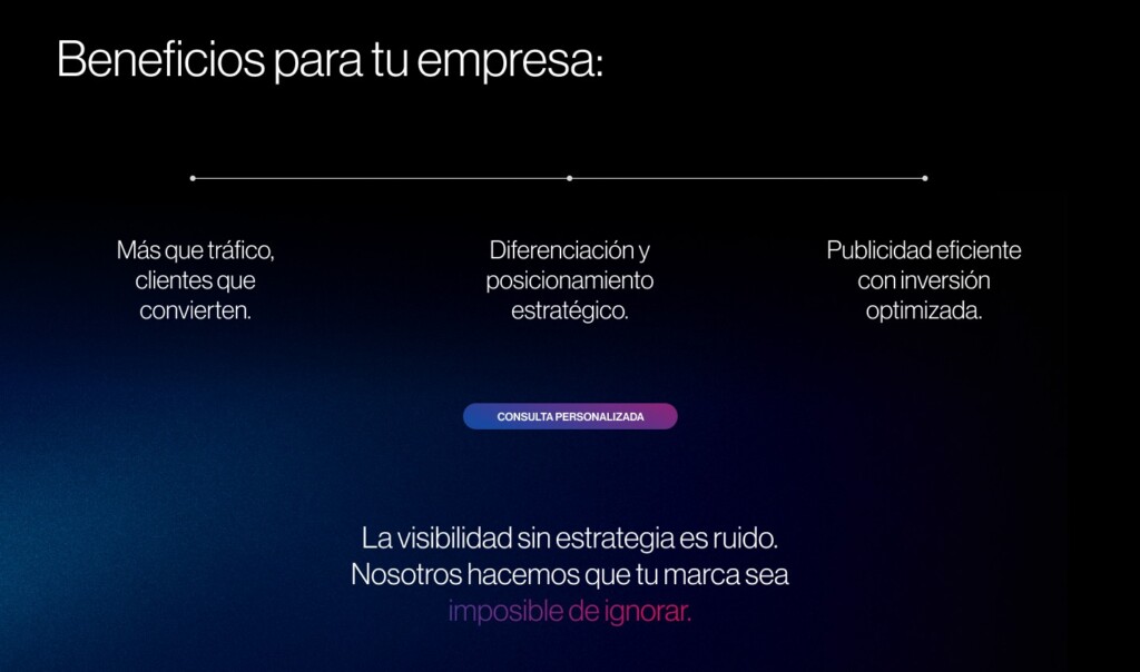 Diseño de la página de Marketing y Publicidad de Eplus Consultores: beneficios para la empresa en una línea de tres puntos