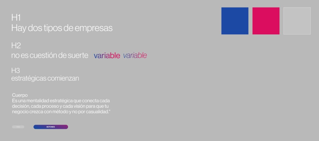 Guía de estilos de la web de Eplus Consultores: titulares, cuerpo, botones y los colores azul, magenta y gris