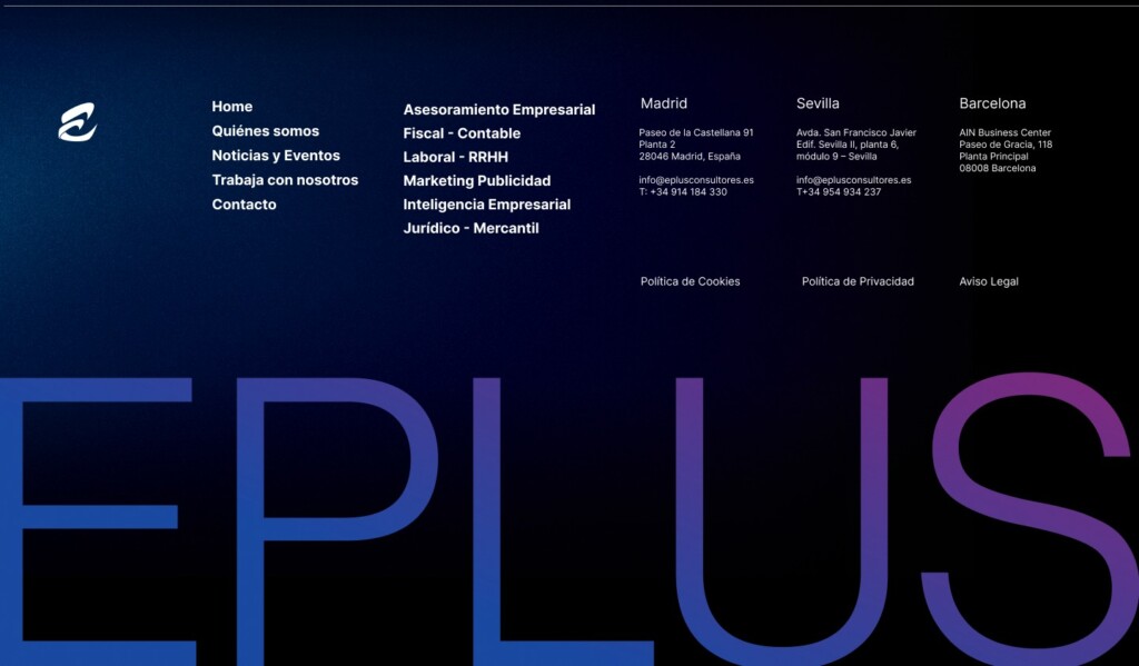 Diseño del pie de la web de Eplus Consultores: menú, oficinas de Madrid, Sevilla y Barcelona y el nombre EPLUS a todo lo ancho