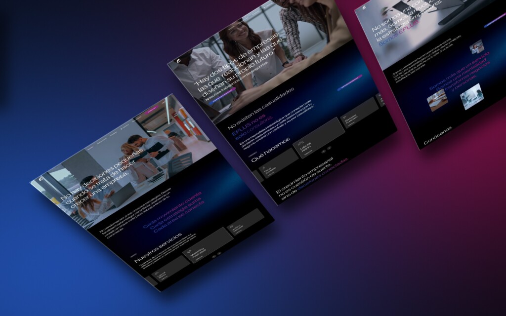 Diseño de la web de Eplus Consultores en perspectiva: la portada, Servicios y Quiénes somos sobre el azul y el magenta de la marca