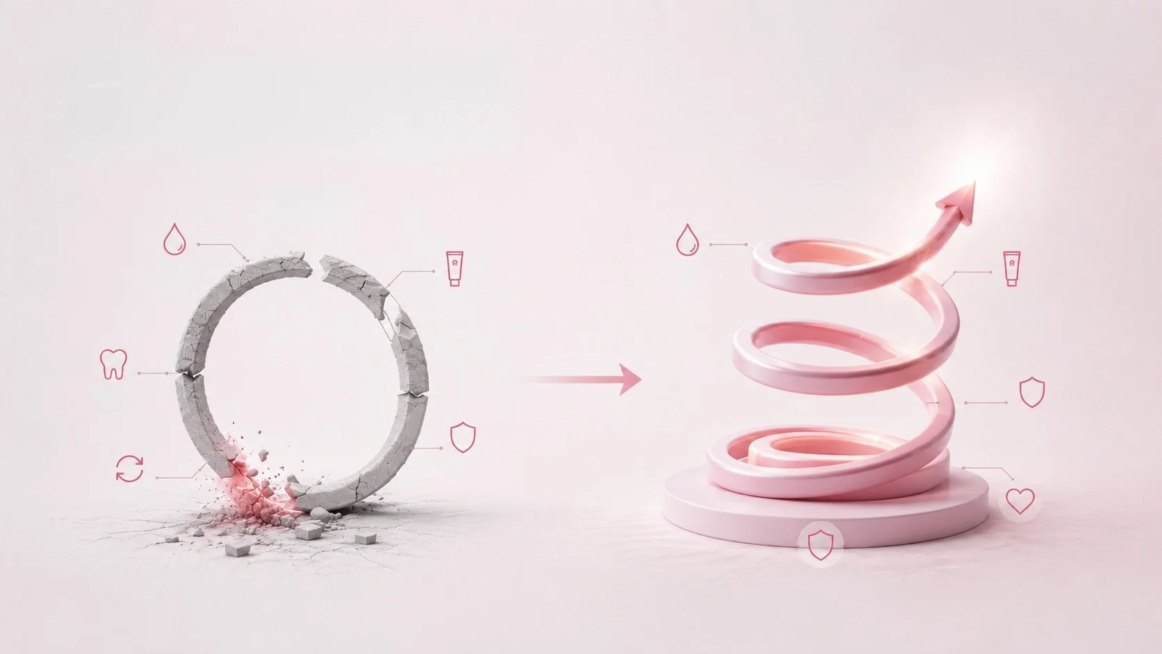 Un anillo de piedra roto a la izquierda y, a la derecha, una espiral rosa que sube hasta una flecha