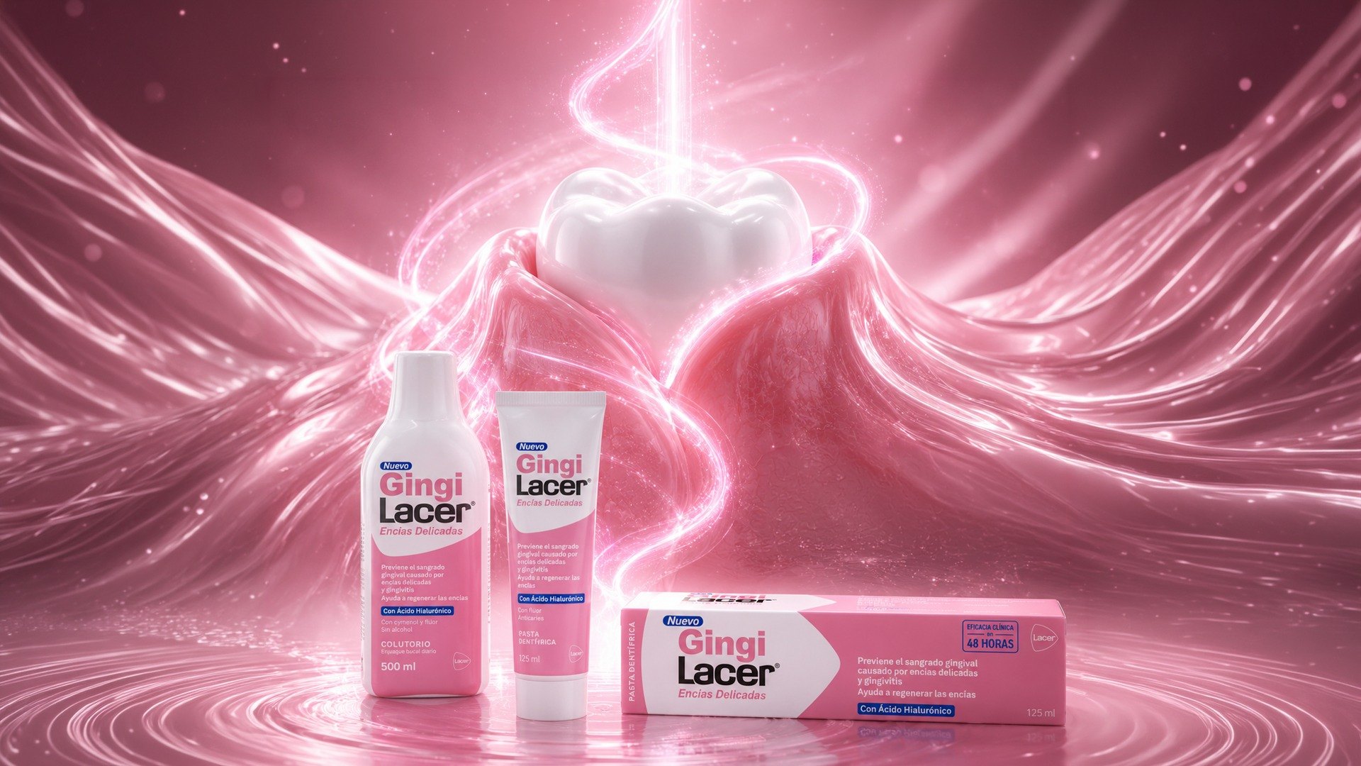 La gama GingiLacer, colutorio y pasta, delante del diente envuelto por la encía y los pliegues de luz rosa