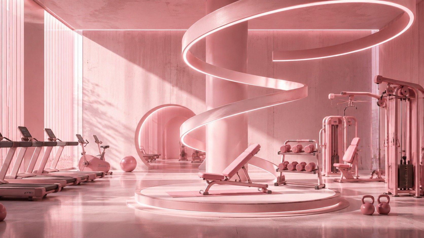 Un gimnasio rosa con una espiral de luz en el centro: el territorio Más fuertes cada día