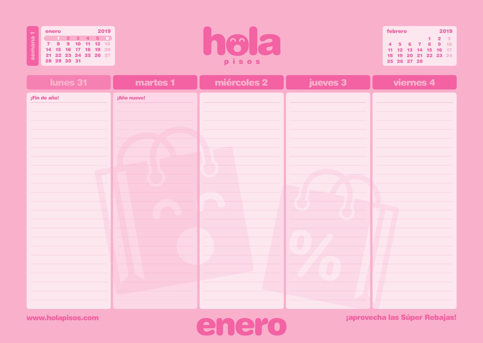 A week in January on the Hola Pisos desk calendar, with its own colour and drawing