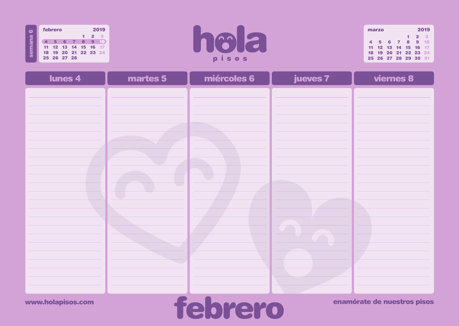 A week in February on the Hola Pisos desk calendar, with its own colour and drawing