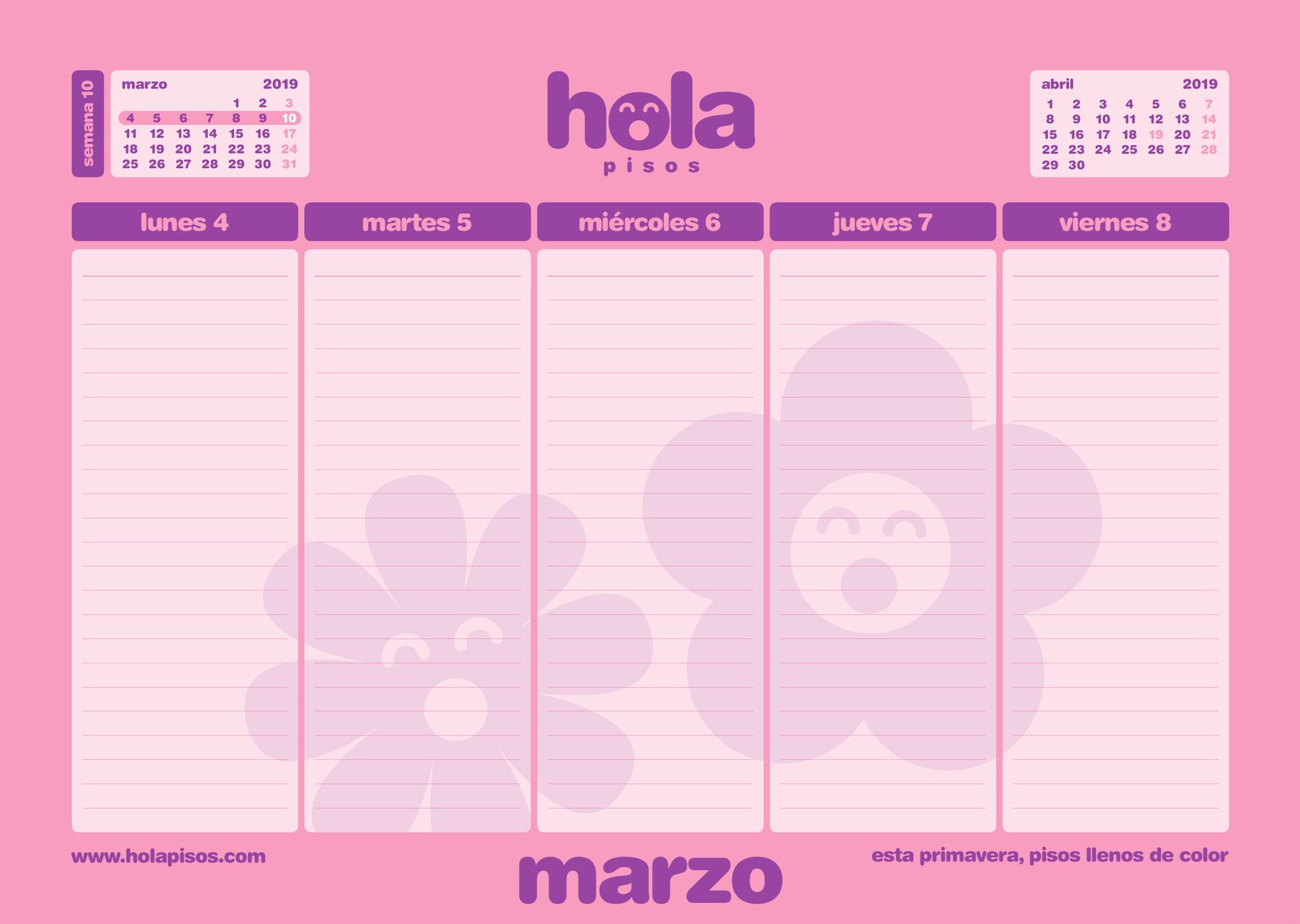 A week in March on the Hola Pisos desk calendar, with its own colour and drawing