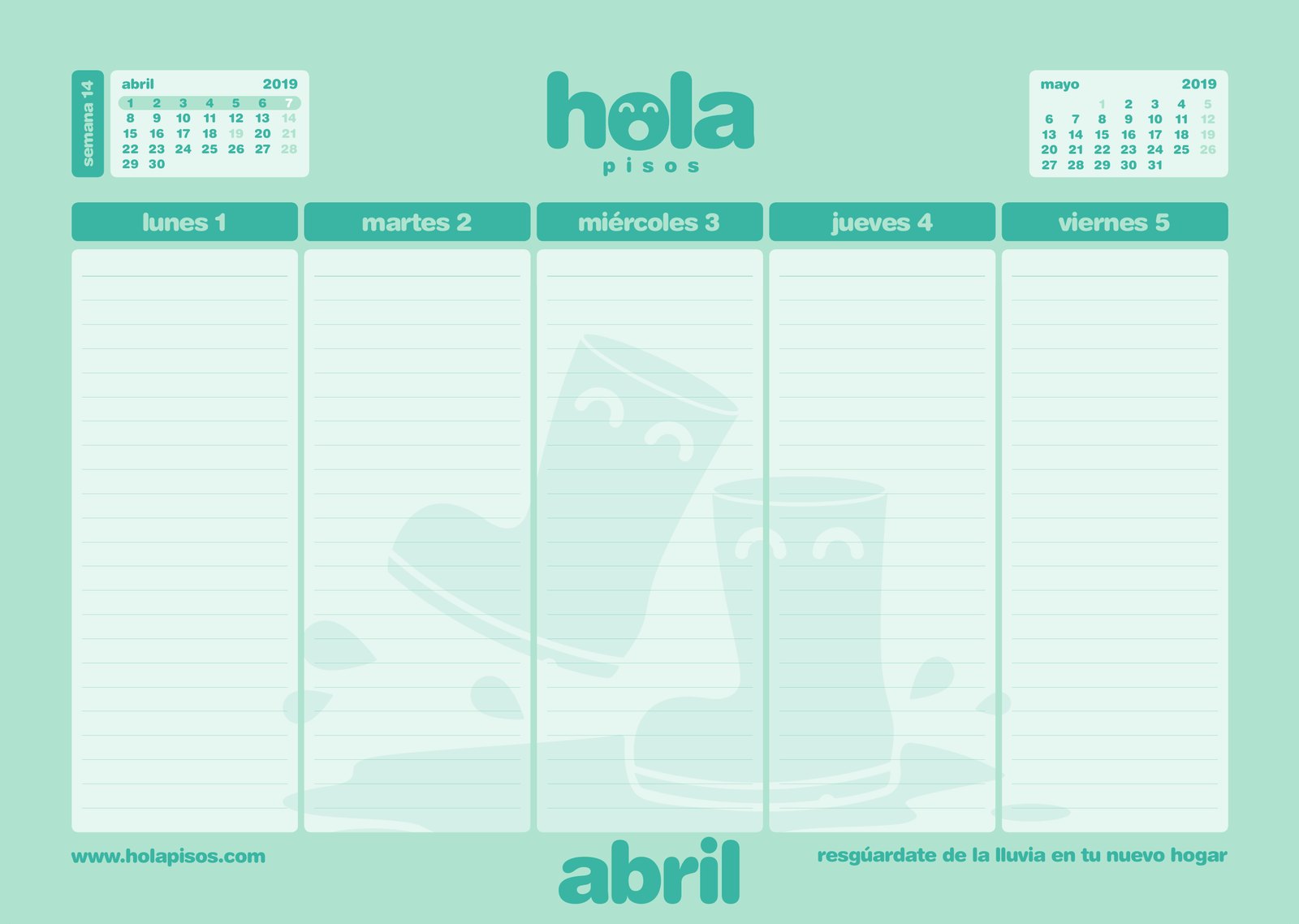 A week in April on the Hola Pisos desk calendar, with its own colour and drawing