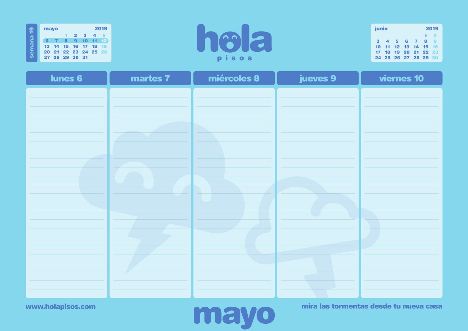 A week in May on the Hola Pisos desk calendar, with its own colour and drawing
