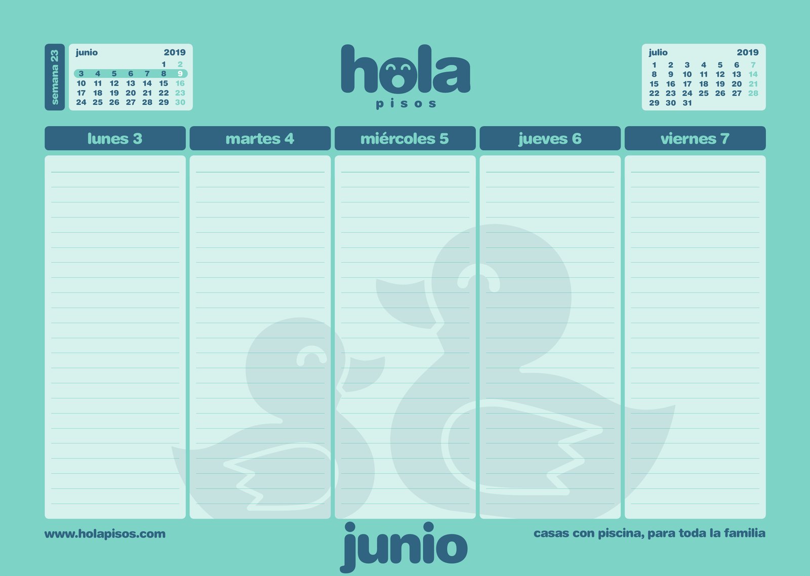 A week in June on the Hola Pisos desk calendar, with its own colour and drawing