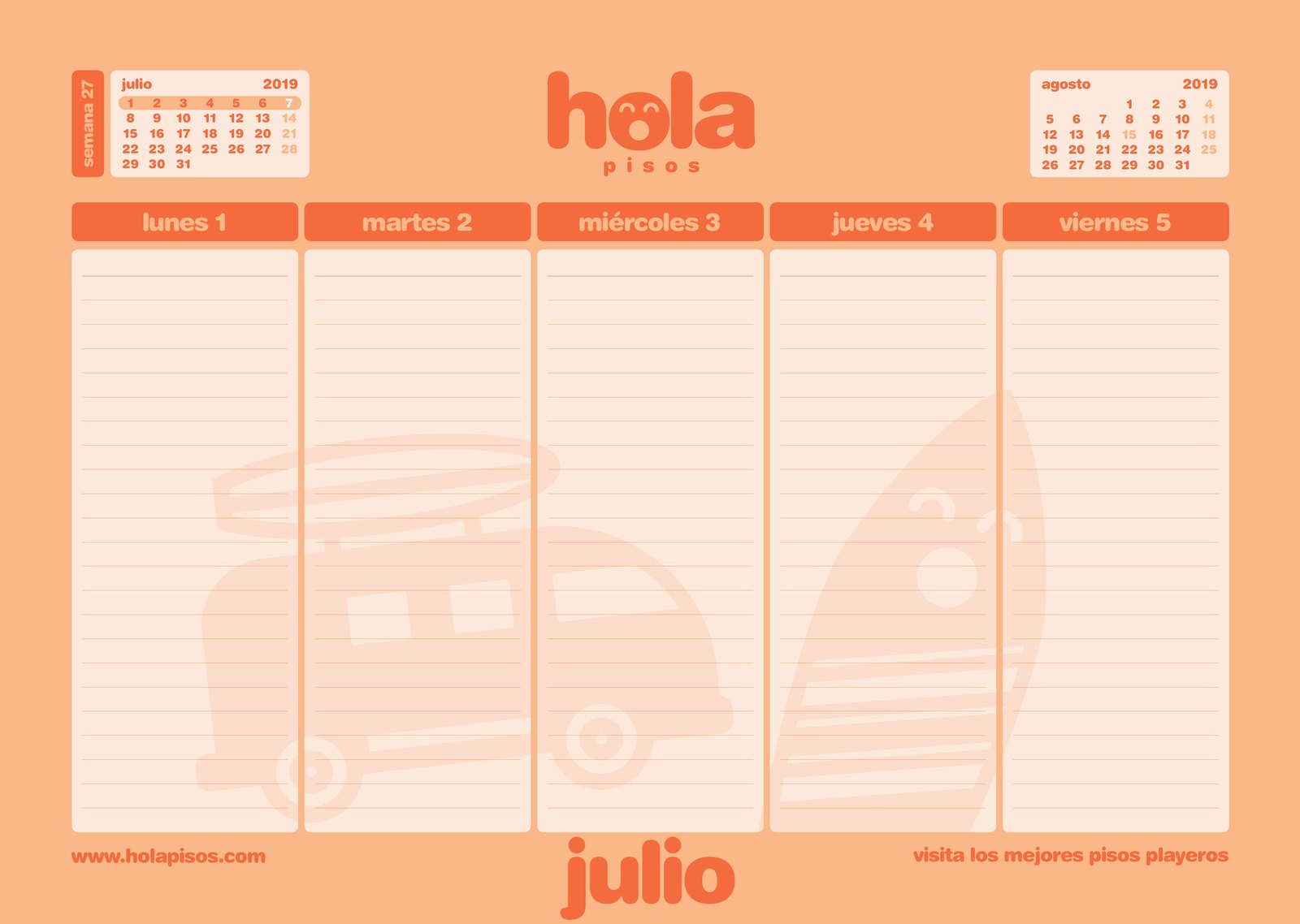 A week in July on the Hola Pisos desk calendar, with its own colour and drawing