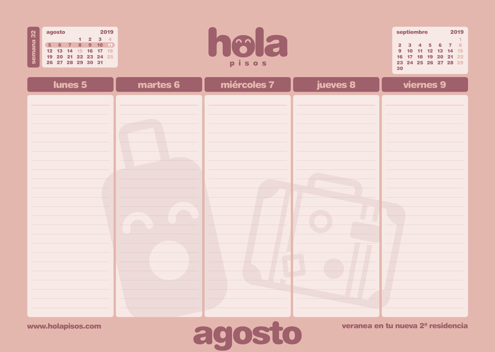 A week in August on the Hola Pisos desk calendar, with its own colour and drawing