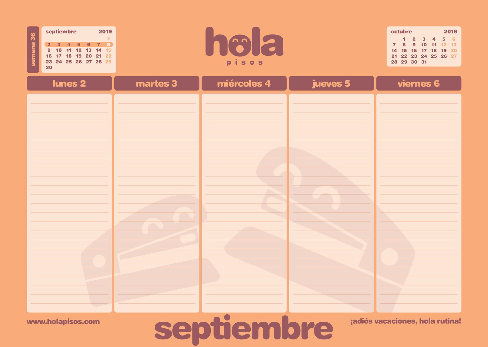 A week in September on the Hola Pisos desk calendar, with its own colour and drawing