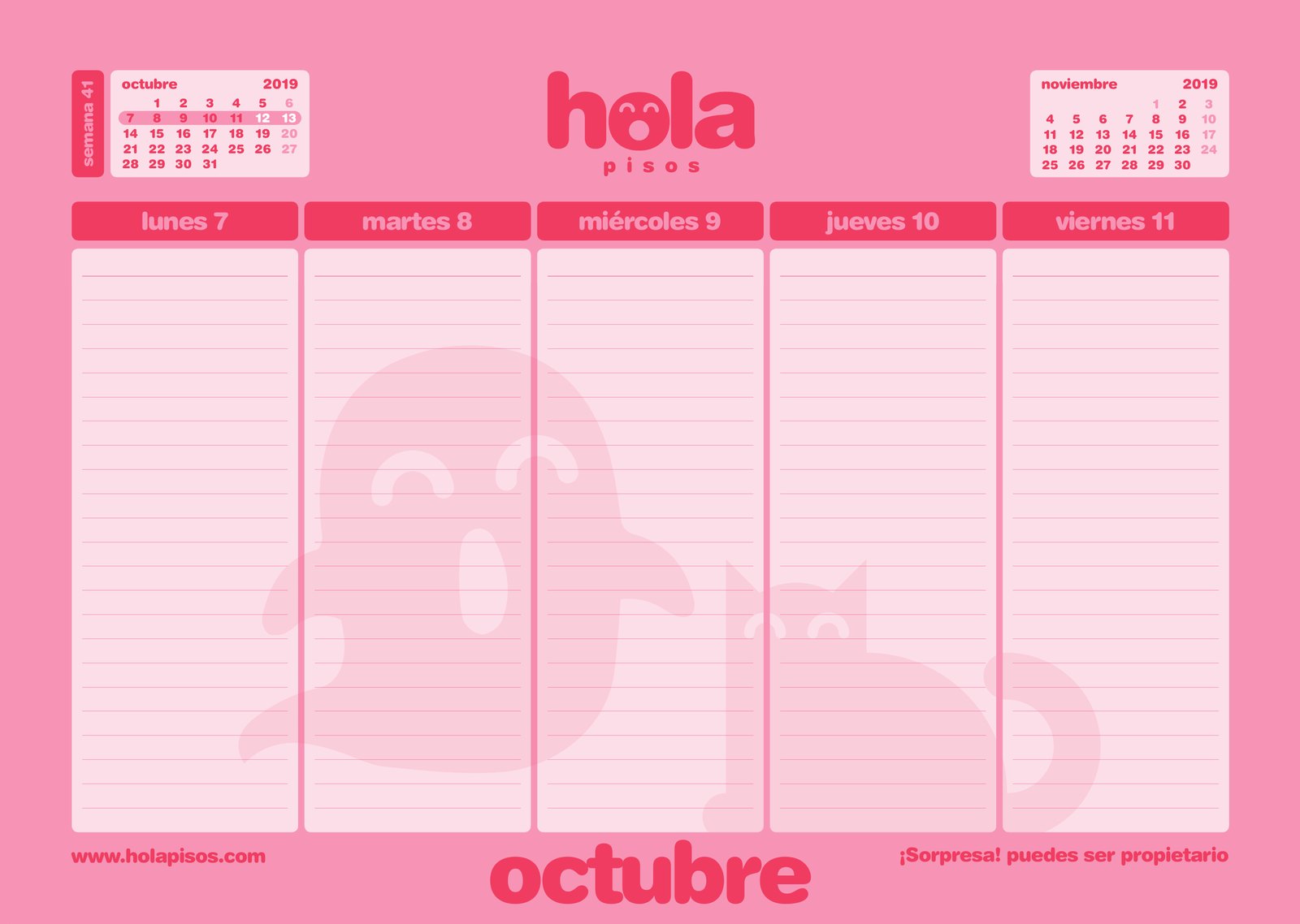 A week in October on the Hola Pisos desk calendar, with its own colour and drawing