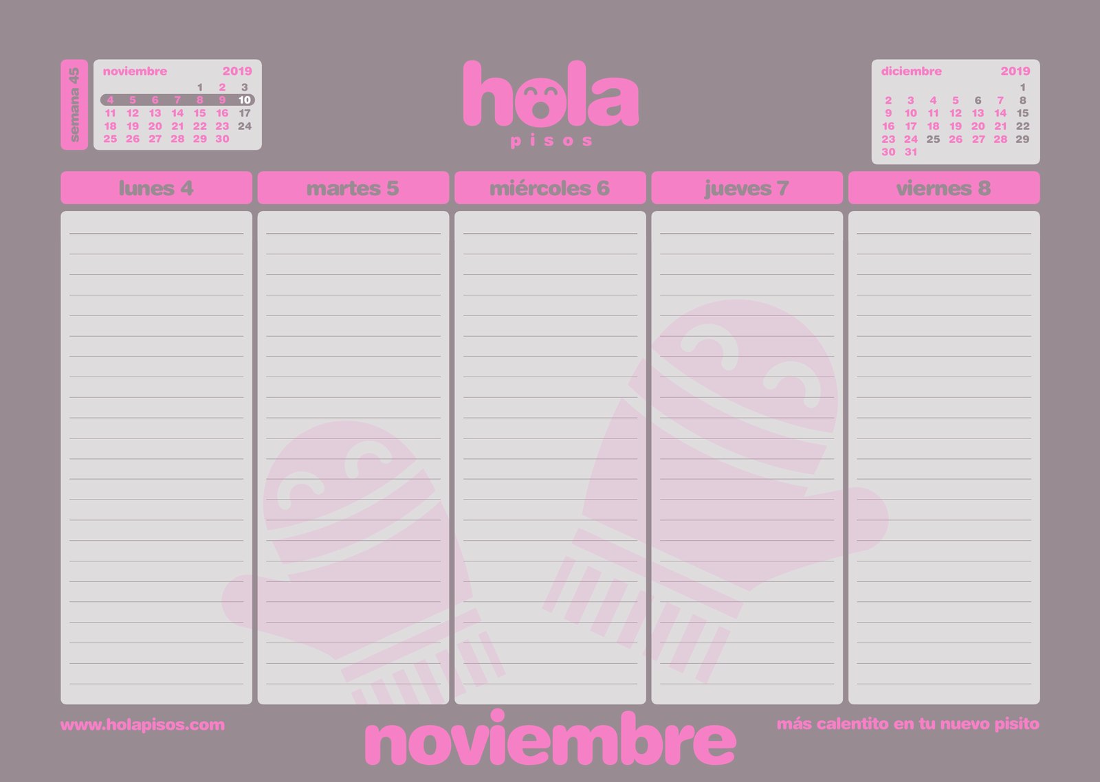 A week in November on the Hola Pisos desk calendar, with its own colour and drawing