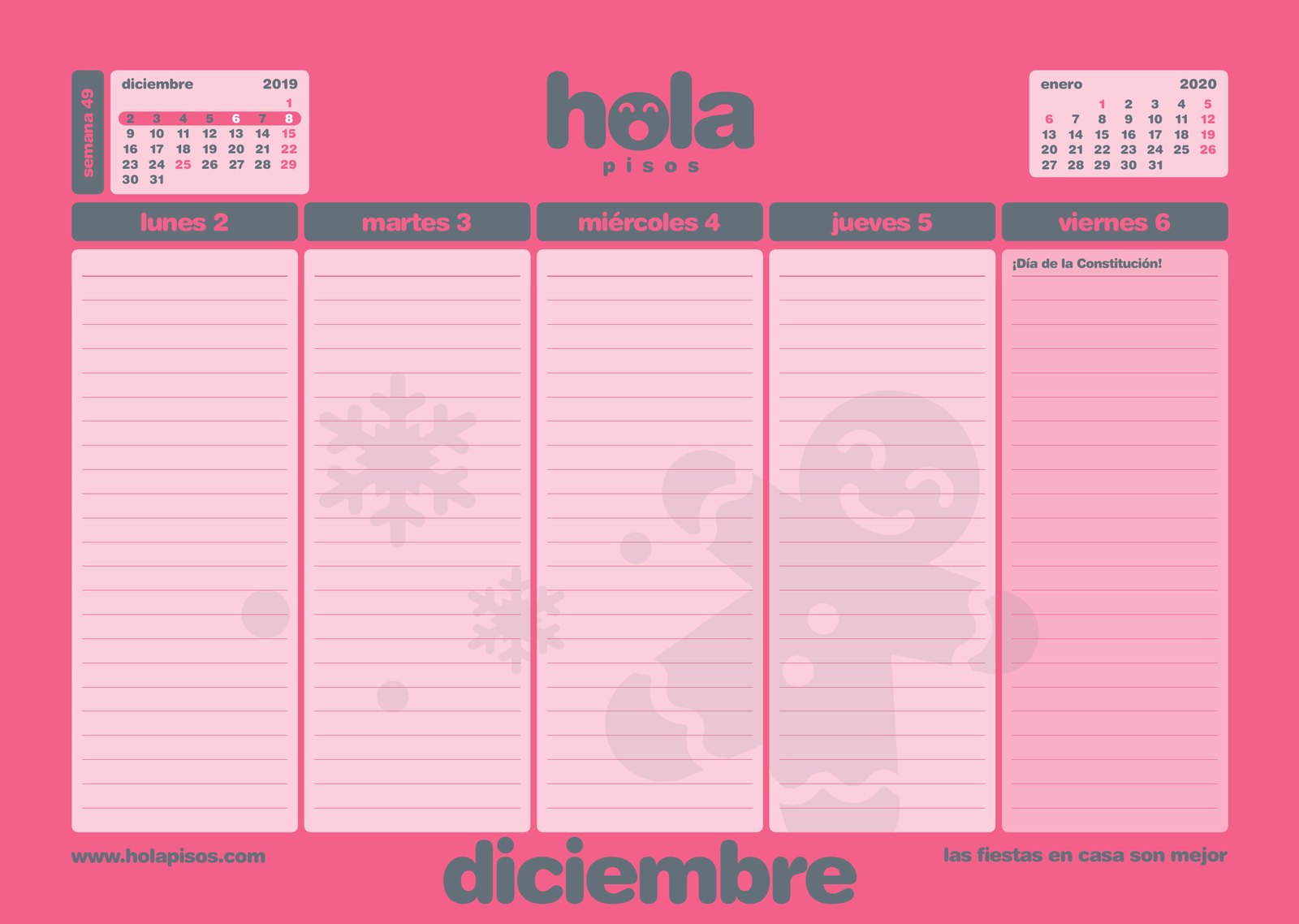 A week in December on the Hola Pisos desk calendar, with its own colour and drawing