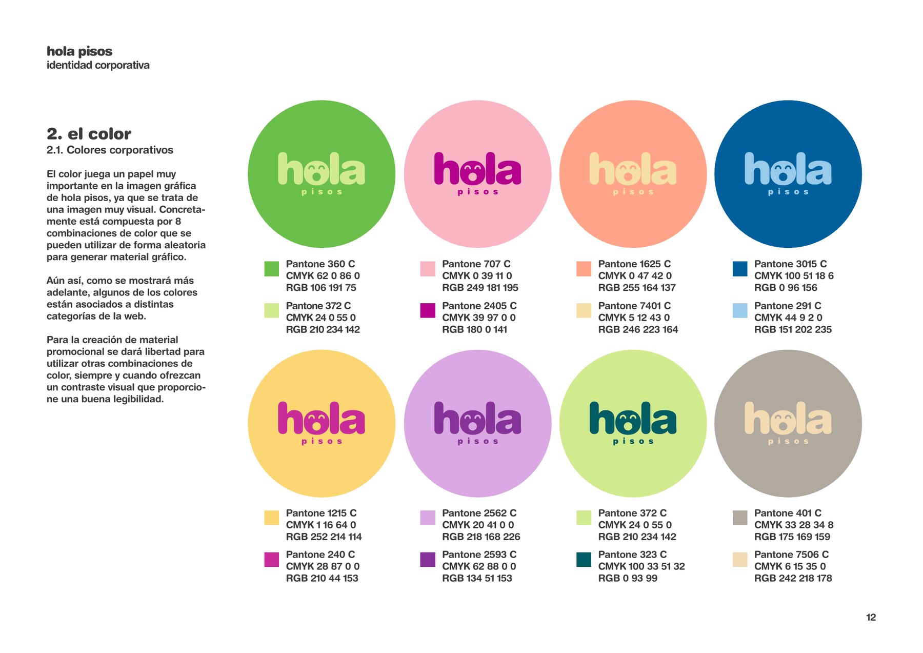 Hola Pisos identity manual: the corporate colours, with their Pantone references