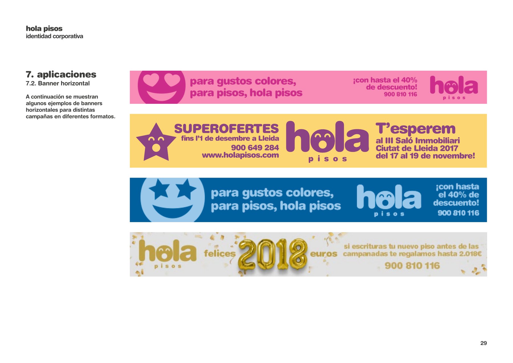 Hola Pisos identity manual: horizontal banners with the brand’s faces