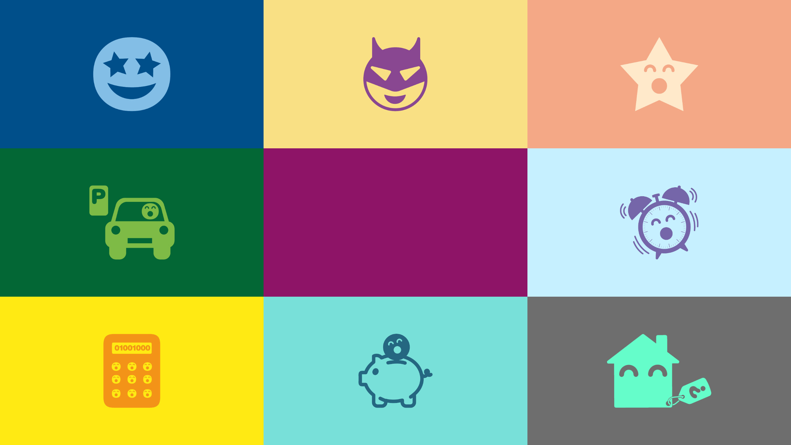 The faces of Hola Pisos: the icons for its products, each on its own colour, around the logo
