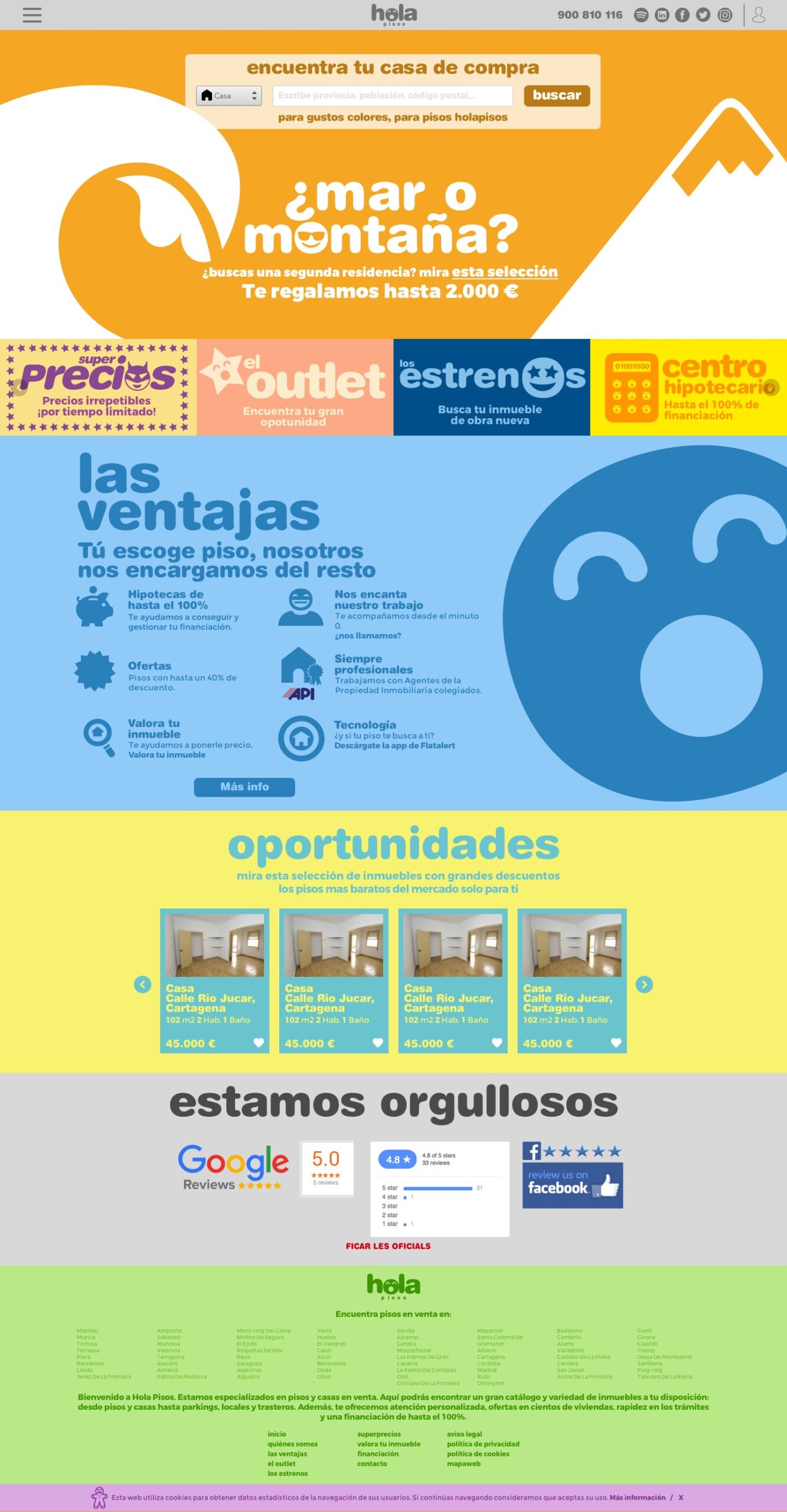 The home page of the Hola Pisos portal: search, benefits, deals and sections