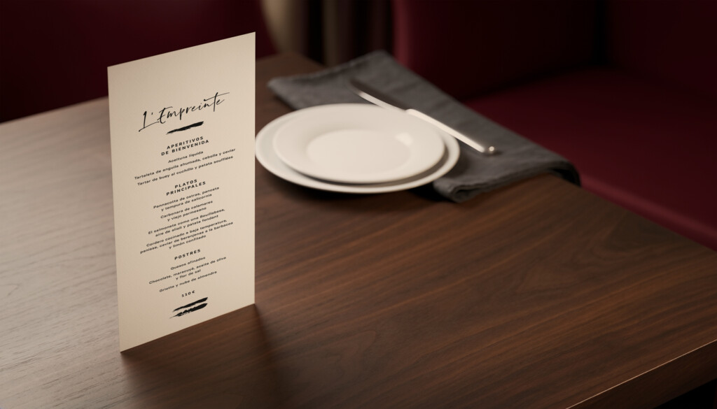 Recreación: carta de L’Empreinte, la mesa del chef de Le Grand Café Rouge, sobre una mesa de madera en un ambiente oscuro