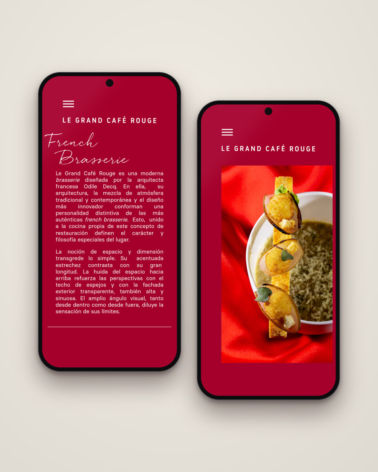 Recreación: la web de Le Grand Café Rouge en dos móviles, con la presentación de la brasserie y una foto de producto