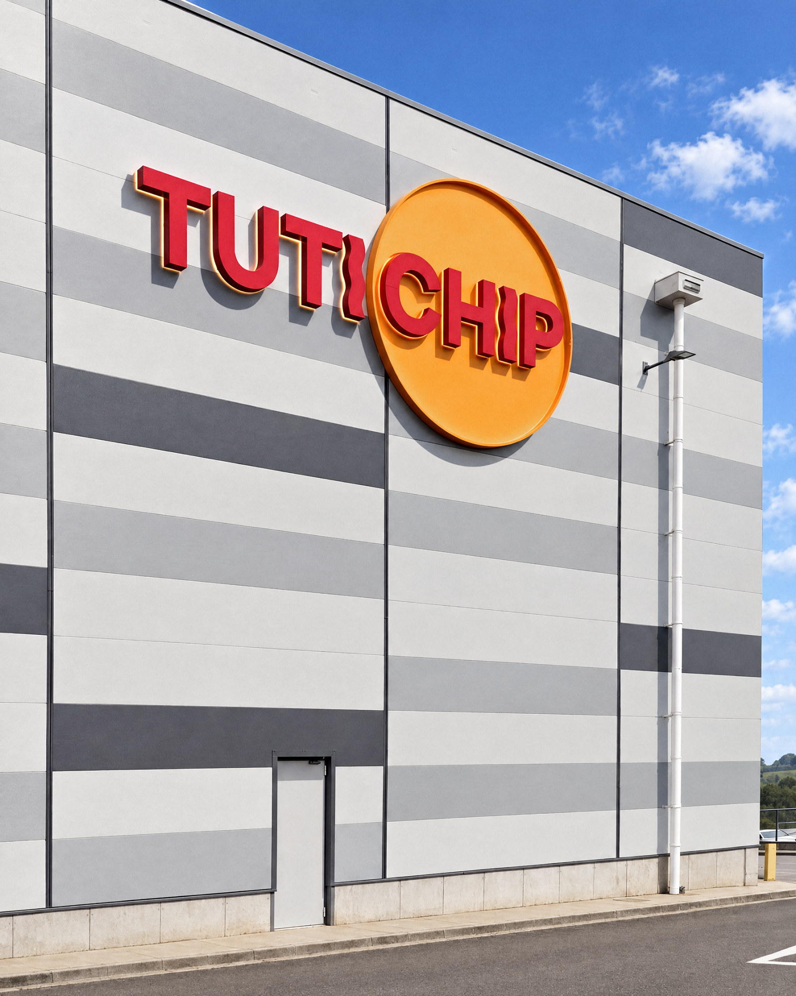 The illuminated Tutichip sign on the building’s façade: TUTI in maroon 3D letters and CHIP on a large orange disc